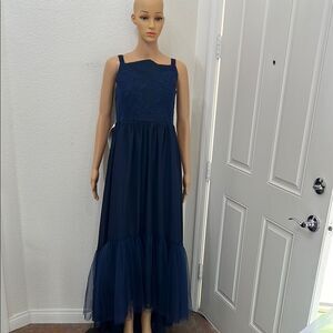 Flower Girl Dress Navy Blue Embroidered Tiered Sundress with Square Neck Wedding